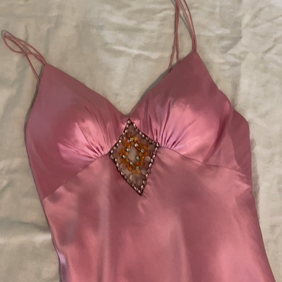 Pink Satin Beaded Evening Dress,Spaghetti Straps Party Prom Dress