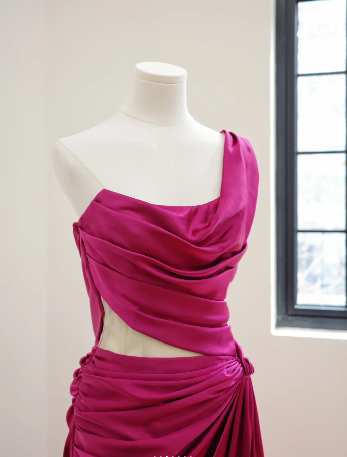 Charming One Shoulder Satin Pleated Mermaid Long Party Dress Hot Pink Wedding Guest Dress