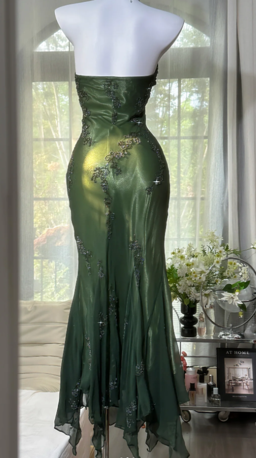 Vintage Green Halter Satin Chiffon Beaded Mermaid Evening Dress Long Party Dress
