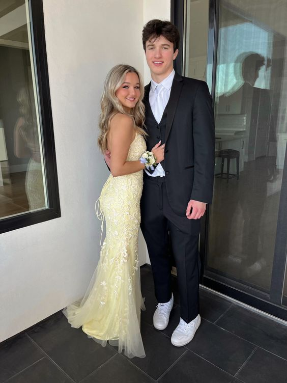 Sexy Yellow Lace/Tulle Long Prom Dresses,Evening Dresses,Winter Formal Dresses