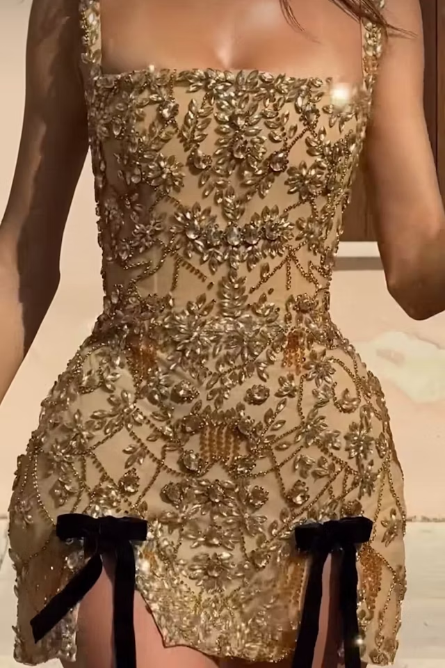 Gorgeous Gold Square Neck Sheath Slit Cocktail Dress Formal Graduation Homecoming Dress
