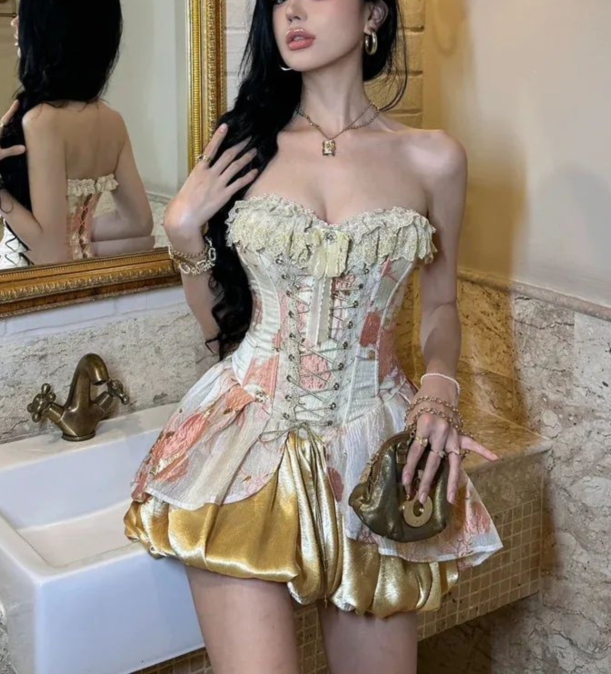 Gorgeous Strapless Satin Print Floral A Line Short Party Dress Graduation Homecoming Dress