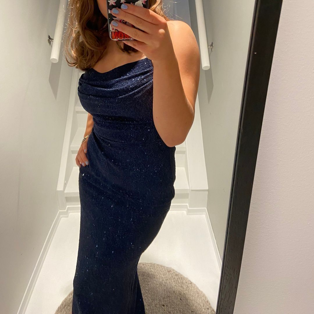 Charming Spaghetti Straps Navy Blue Satin Sequin Sheath Long Wedding Guest Dress Party Dress