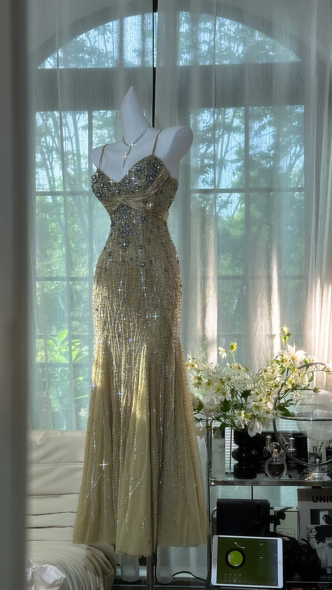 Classy Spaghetti Straps Green Chiffon Beaded Mermaid Long Prom Dress Evening Dress
