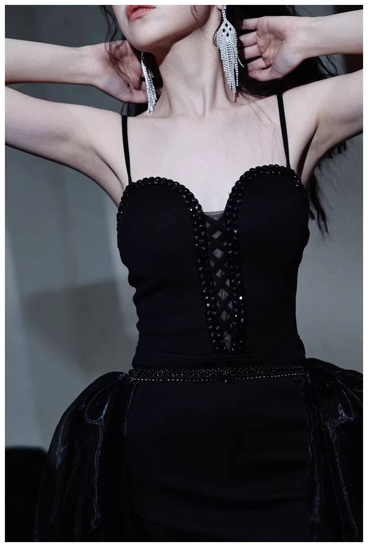 Gorgeous Black Organza Satin Beaded Long Party Dress Birthday Evening Dress