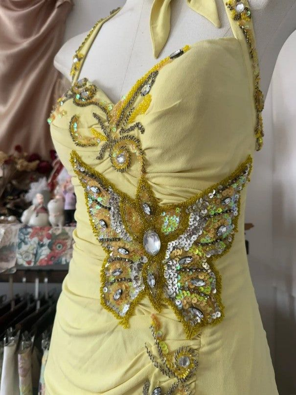Elegant Yellow Halter Satin Beaded Sequins Evening Dress,Long Mermaid Party Prom Dress