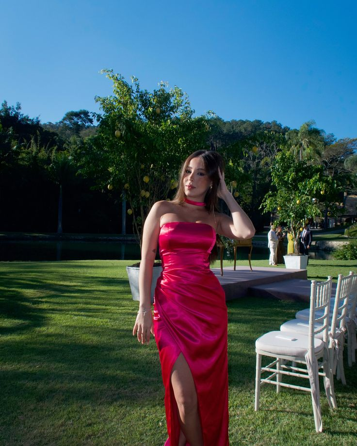 Classy Hot Pink Strapless Satin Slit Long Wedding Guest Dress Formal Birthday Party Dress