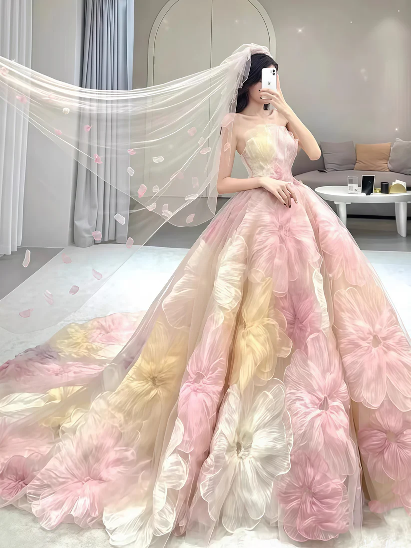 Gorgeous Strapless Tulle Flowers A Line Ball Gown Fairy Wedding Dress