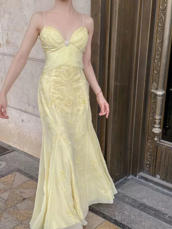 Beautiful Mermaid Spaghetti Straps Yellow Chiffon Beaded Prom Dress Long Party Evening Dress
