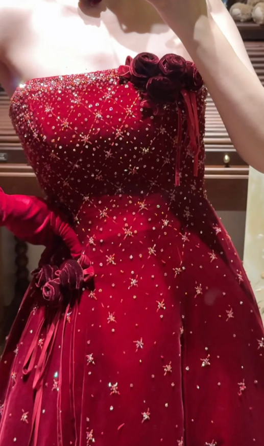 Pretty Burgundy Strapless Velvet Beaded Long Birthday Party Dress Evening Dress