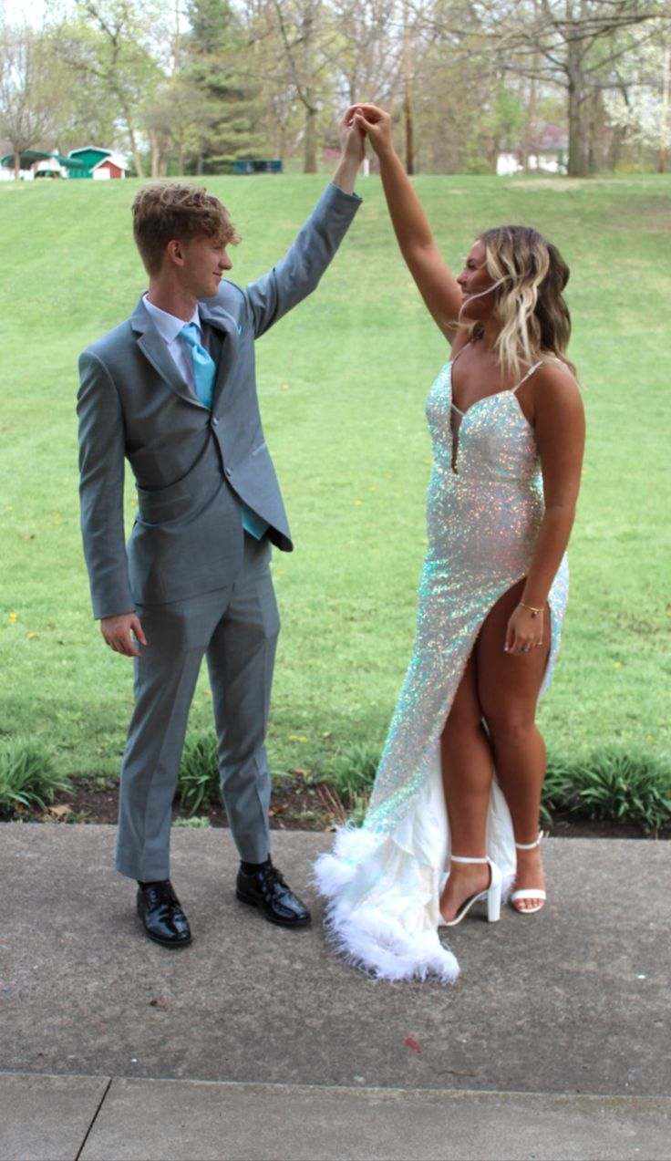 Glitter White Sequins Prom Dress With Hem Feathers