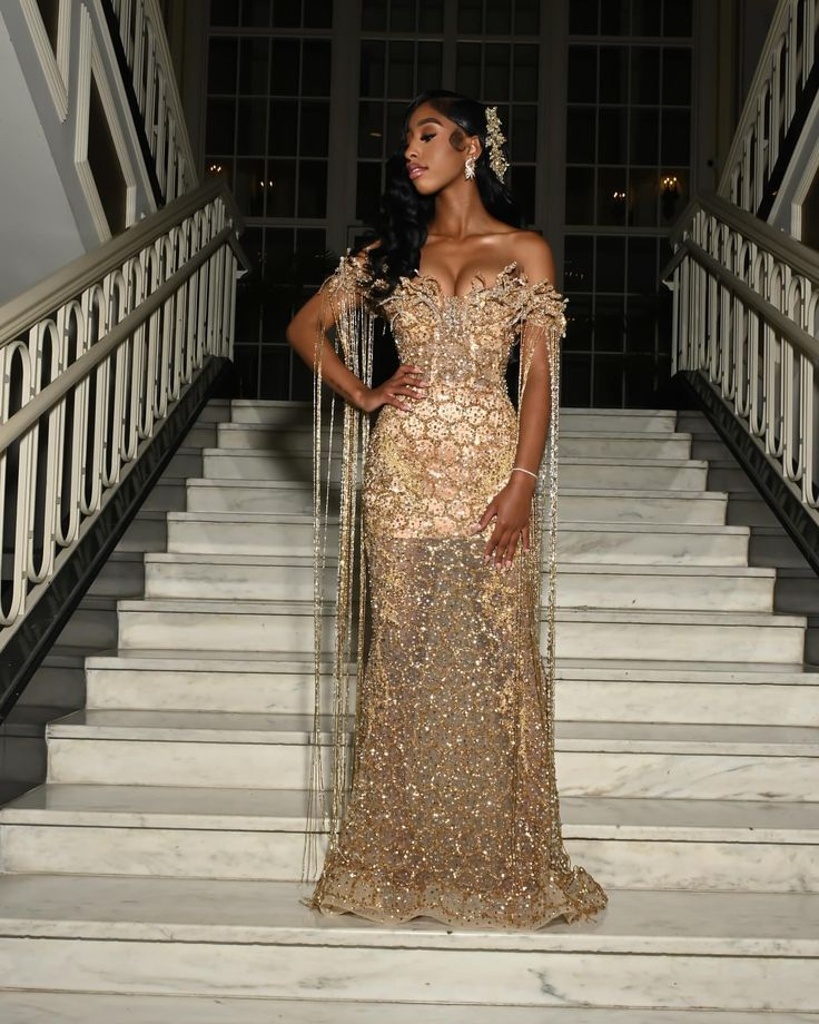 Luxurious Champagne Gold Off The Shoulder Sequin Beaded Mermaid Evening Dress Long Party Dress