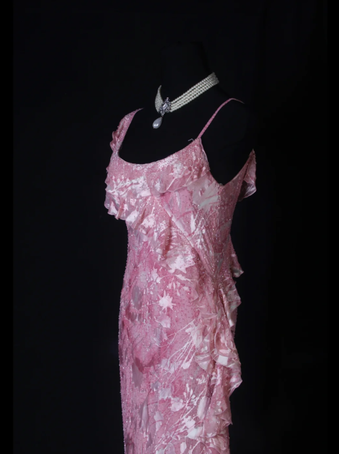 Charming Pink Beaded Chiffon Floral Ruffles Mermaid Long Evening Dress Formal Birthday Dress