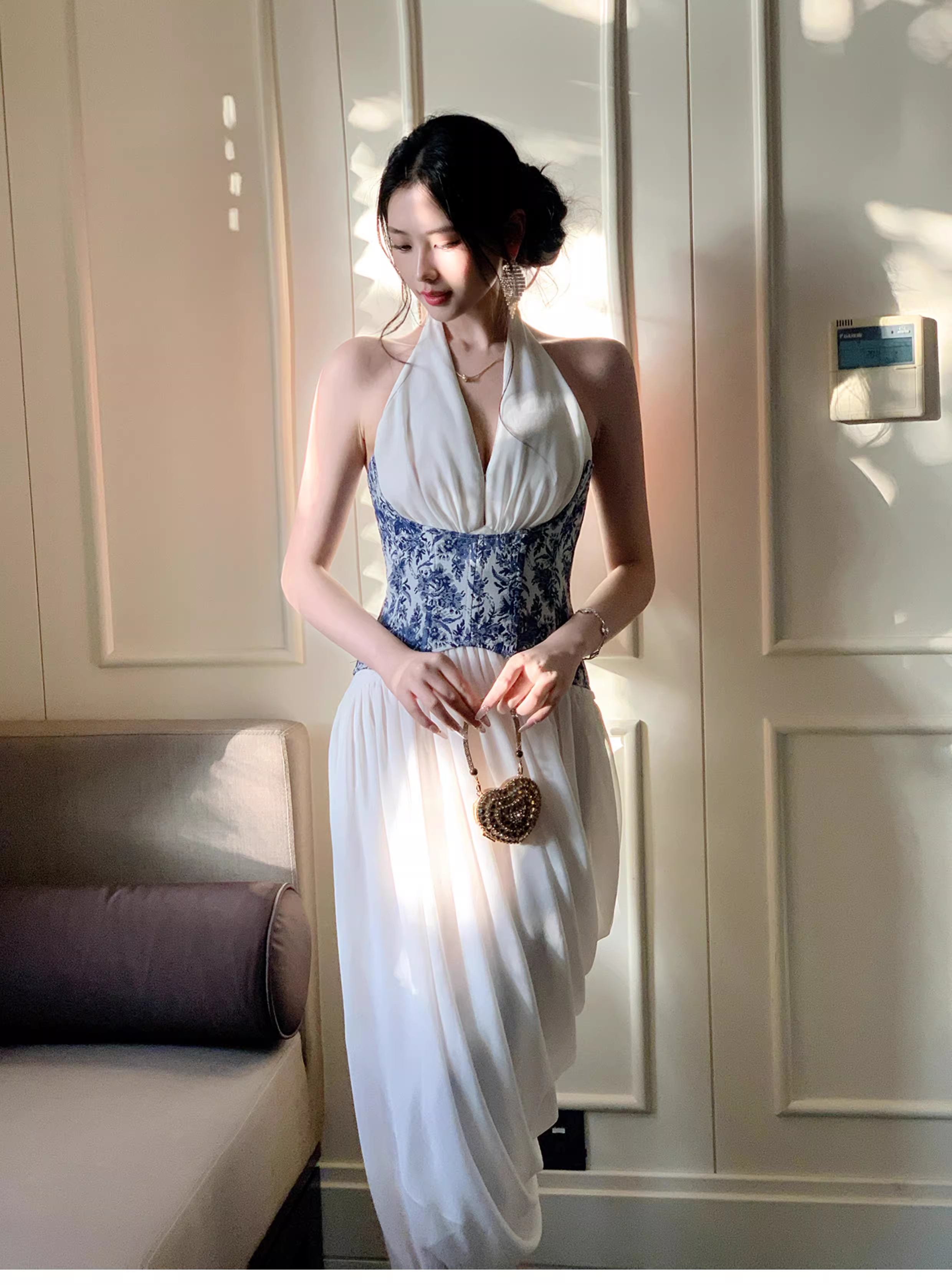Unique Halter V Neck White Chiffon Pleated Long Prom Dress Birthday Evening Dress