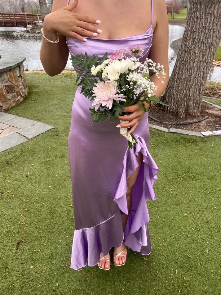 Pretty Spaghetti Straps Purple Ruffles Prom Dress Slit Party Evening Dress