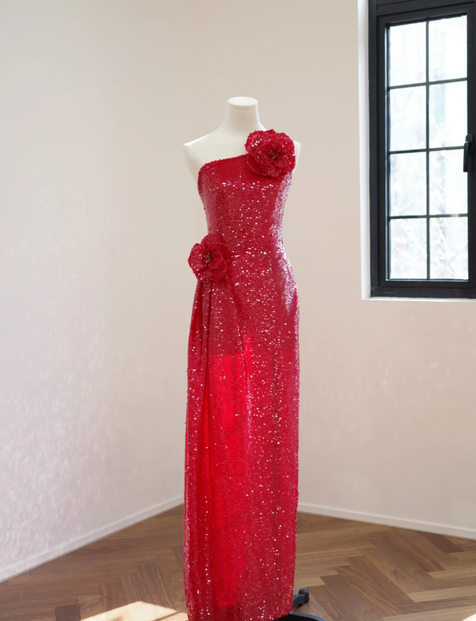 Sparkly Red One Shoulder Sequin Long Evening Dress Party Dress With 3D Flowers