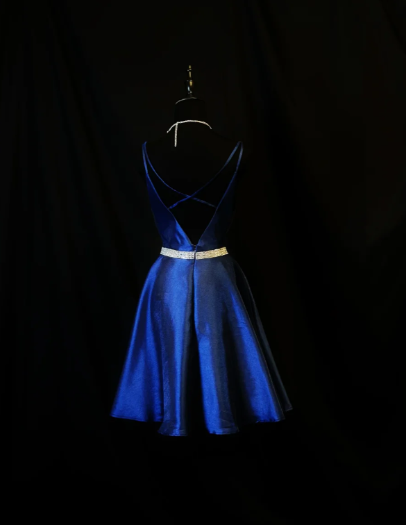 Pretty Spaghetti Straps Backless Homecoming Dress Royal Blue Satin Beaded Cocktail Dress