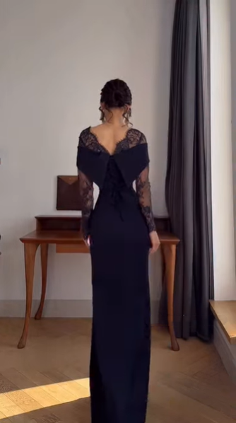 Fashion Off The Shoulder Navy Blue Satin Lace Mermaid Long Wedding Guest Dress Party Dress