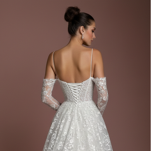 Champagne Lace Wedding Dress Vintage Long Aesthetic Romantic