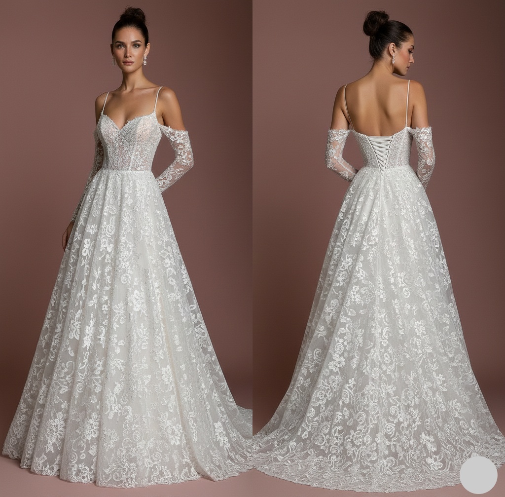 Champagne Lace Wedding Dress Vintage Long Aesthetic Romantic
