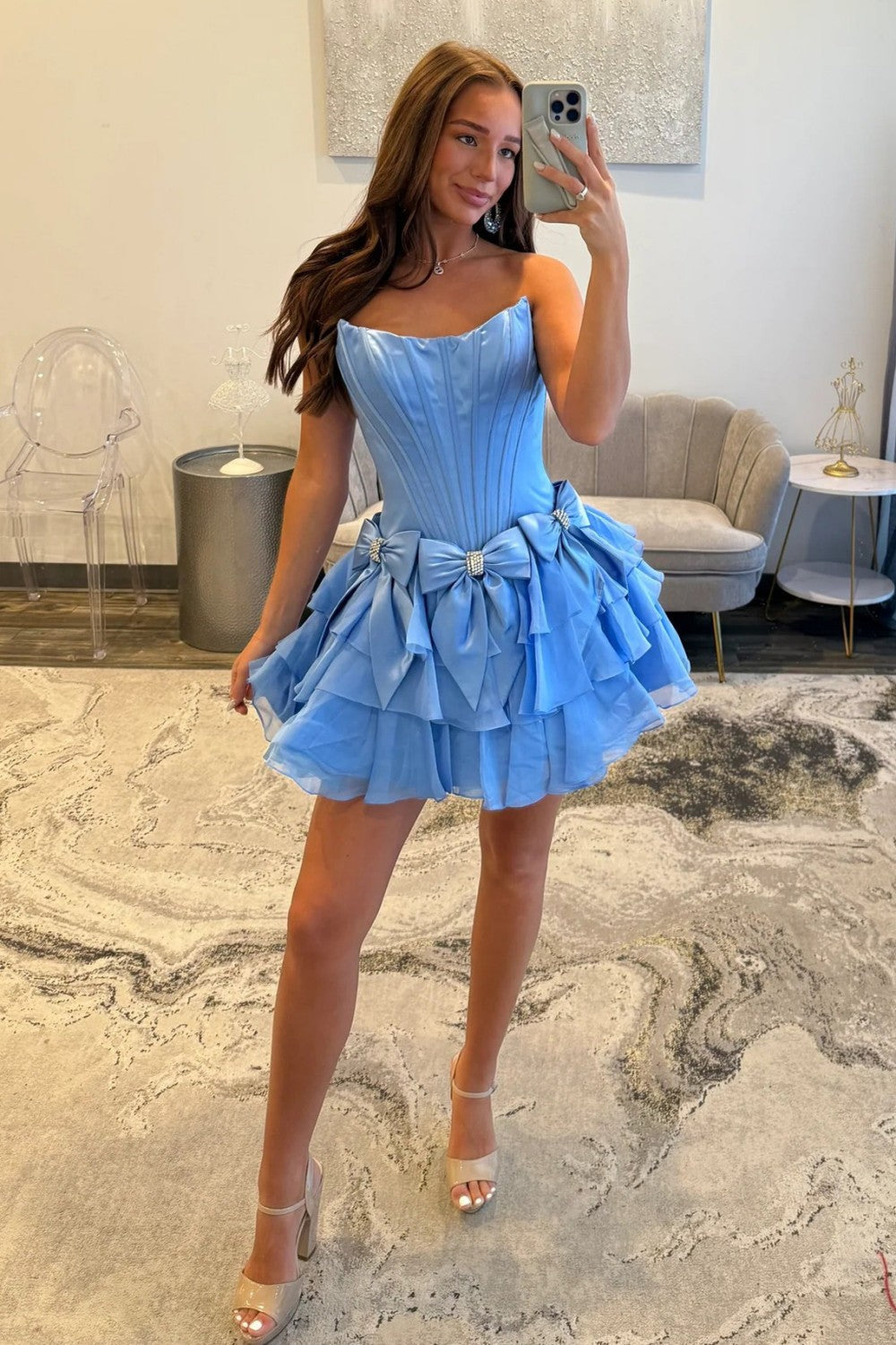 Princess A Line Strapless Blue Corset Homecoming Dress with Bowknot Beading