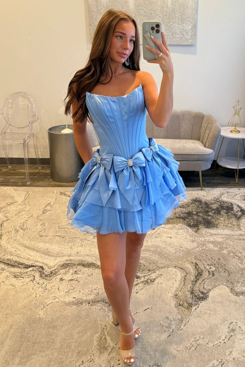 Princess A Line Strapless Blue Corset Homecoming Dress with Bowknot Beading