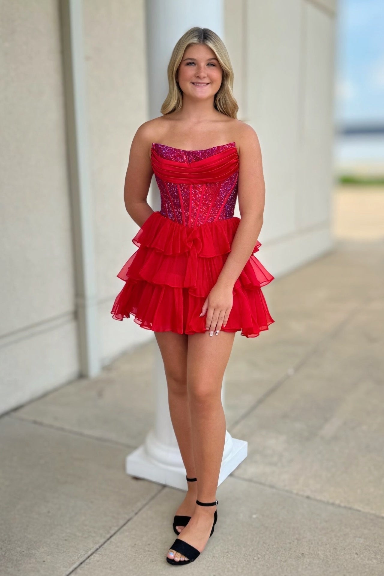 Cute A Line Strapless Yellow Corset Homecoming Dress with Ruffles Beading