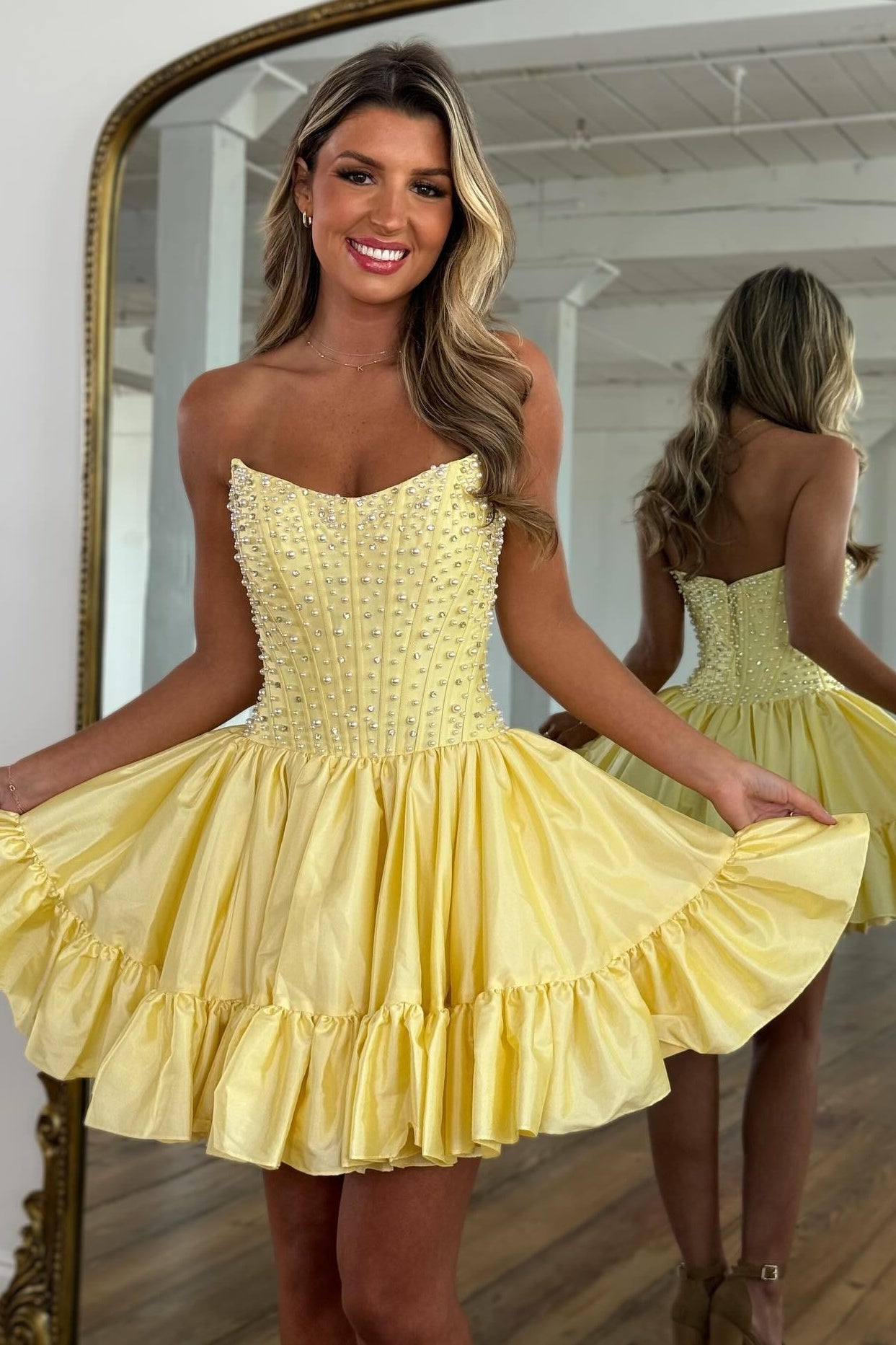 Cute A Line Strapless Pink Corset Homecoming Dress with Pearls