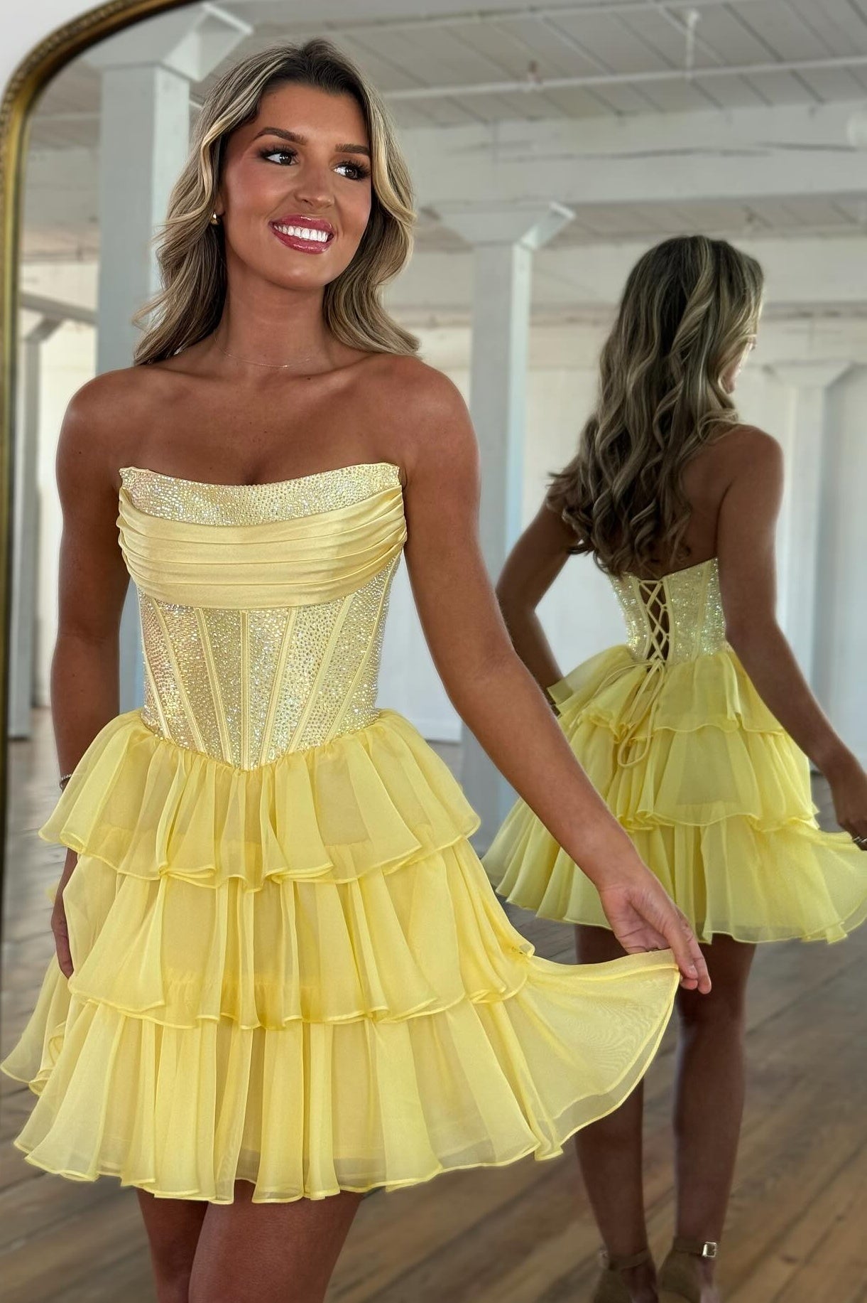 Cute A Line Strapless Yellow Corset Homecoming Dress with Ruffles Beading