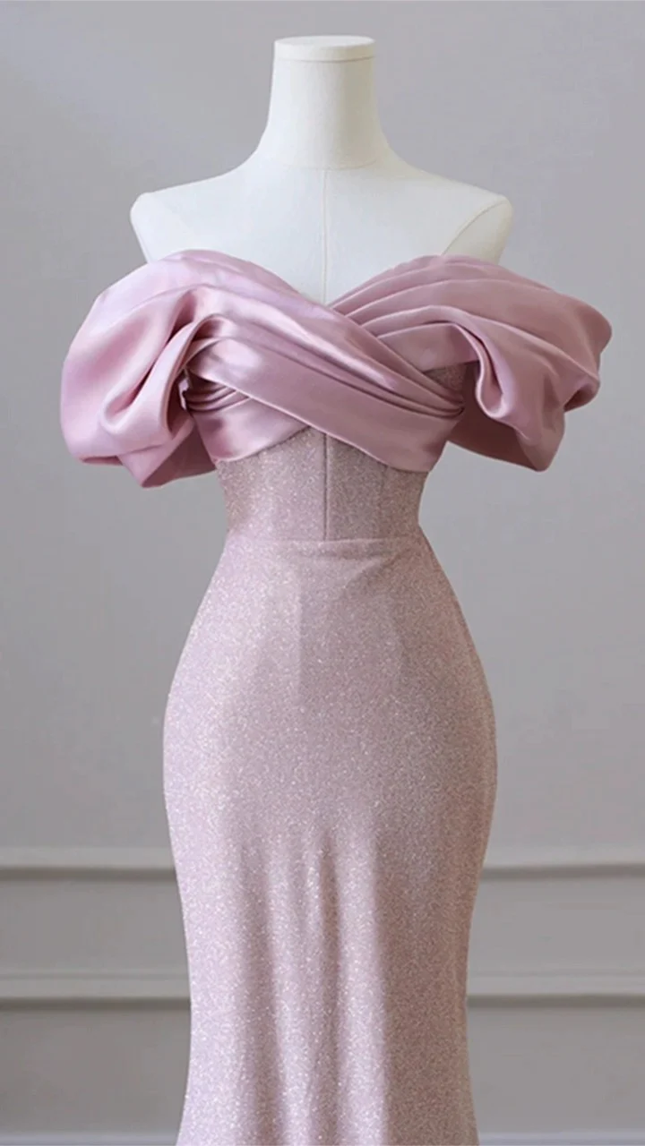 Modest Mermaid Off The Shoulder Sequin Pink Long Prom Dress
