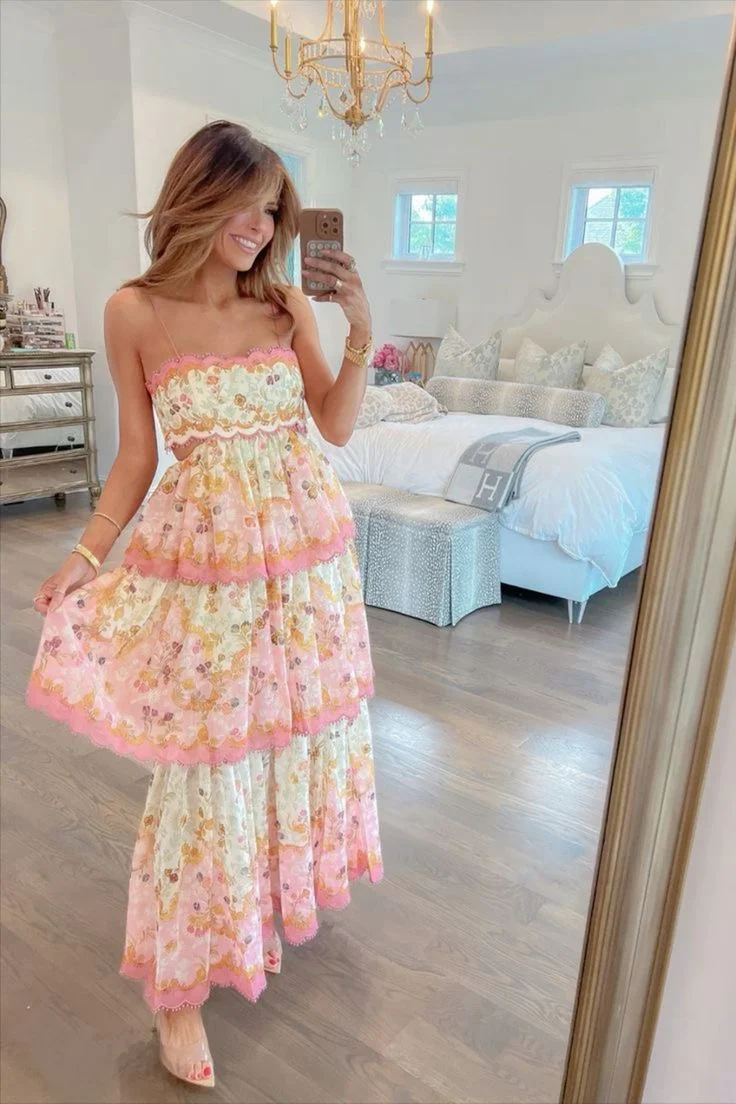 Modest Ball Gown Spaghetti Straps Pink Flowers Long Prom Dress