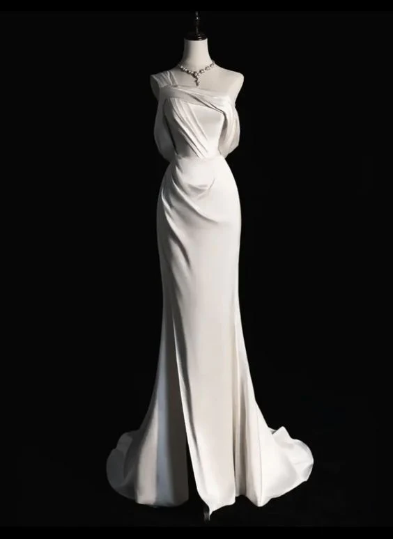 Simple Mermaid Strapless Sleeveless Satin White Long Prom Dress