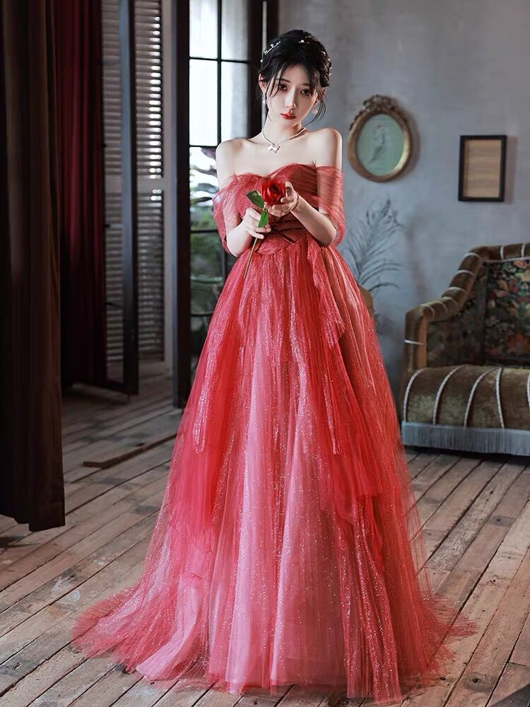Simple A line Off The Shoulder Long Red Tulle Prom Dresses