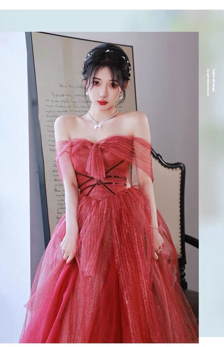 Simple A line Off The Shoulder Long Red Tulle Prom Dresses