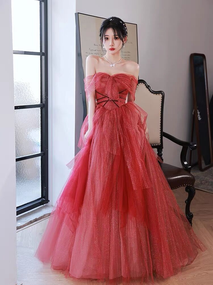 Simple A line Off The Shoulder Long Red Tulle Prom Dresses