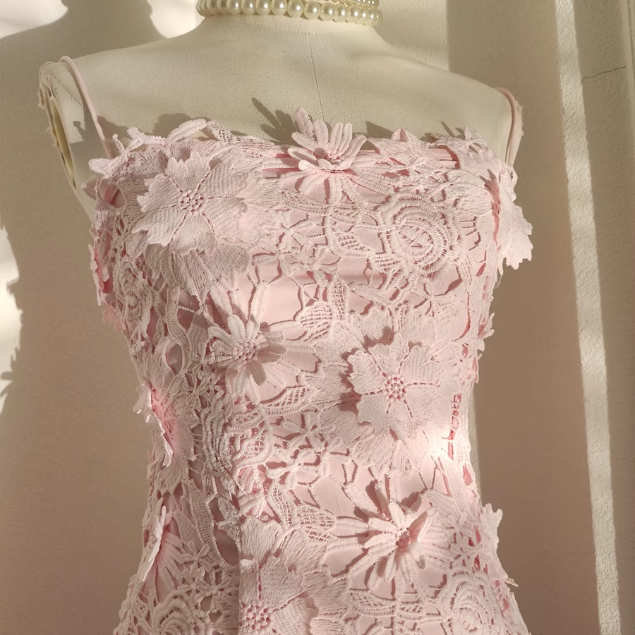 Sexy A Line Spaghetti Straps Pink Lace Vacation Dresses Short Birthday Outfits