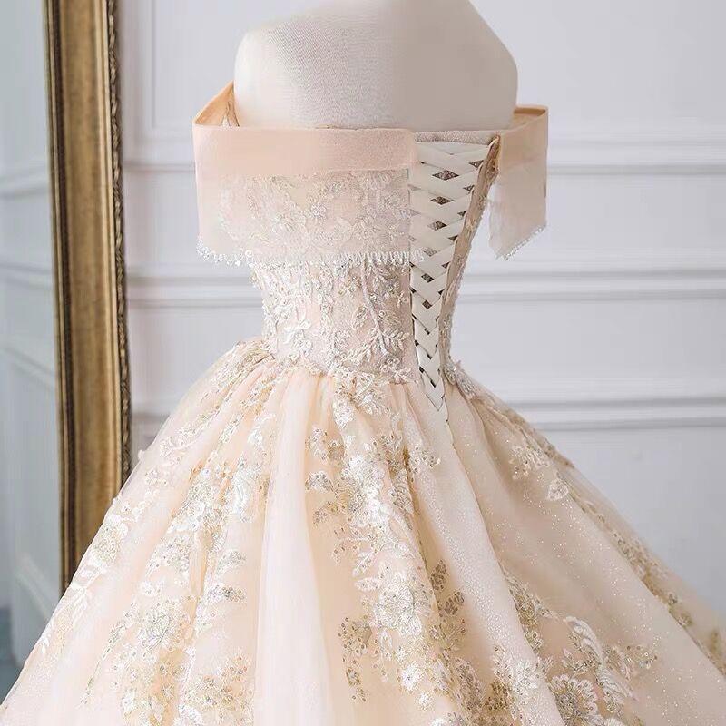 Luxury Ball Gown Off The Shoulder Lace Long Prom Dresses