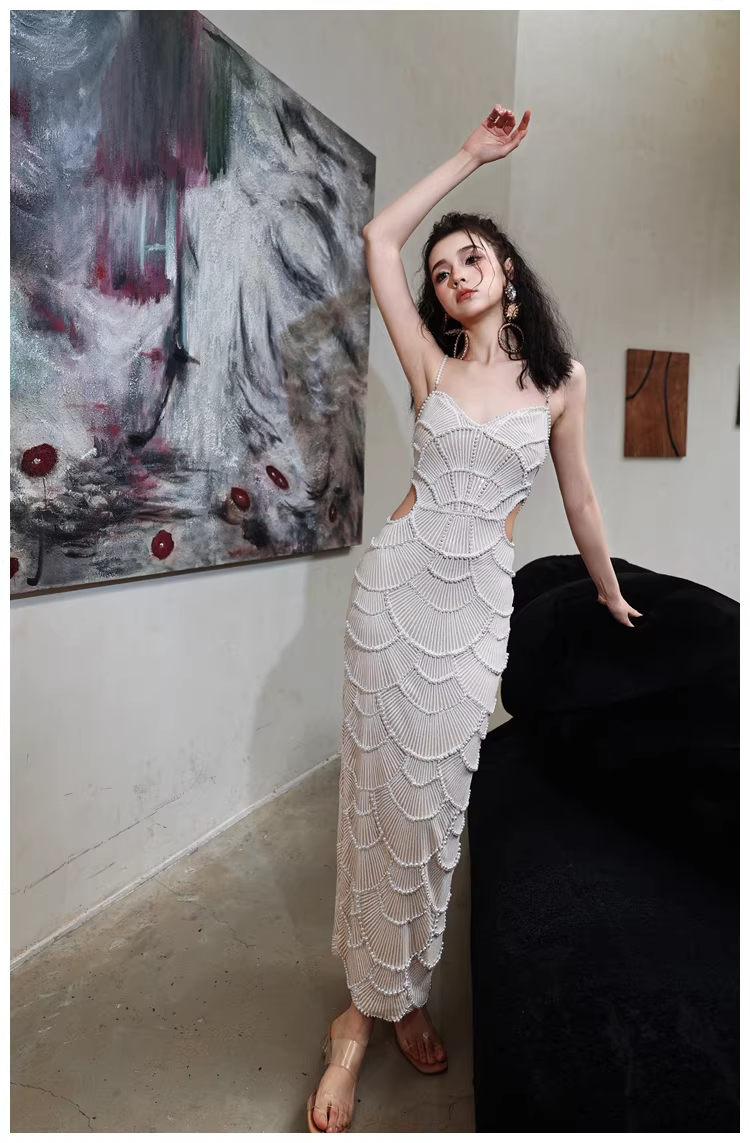 Unique Spaghetti Straps Sequin Pearls Sheath Slit Long Party Dress Birthday Evening Gown