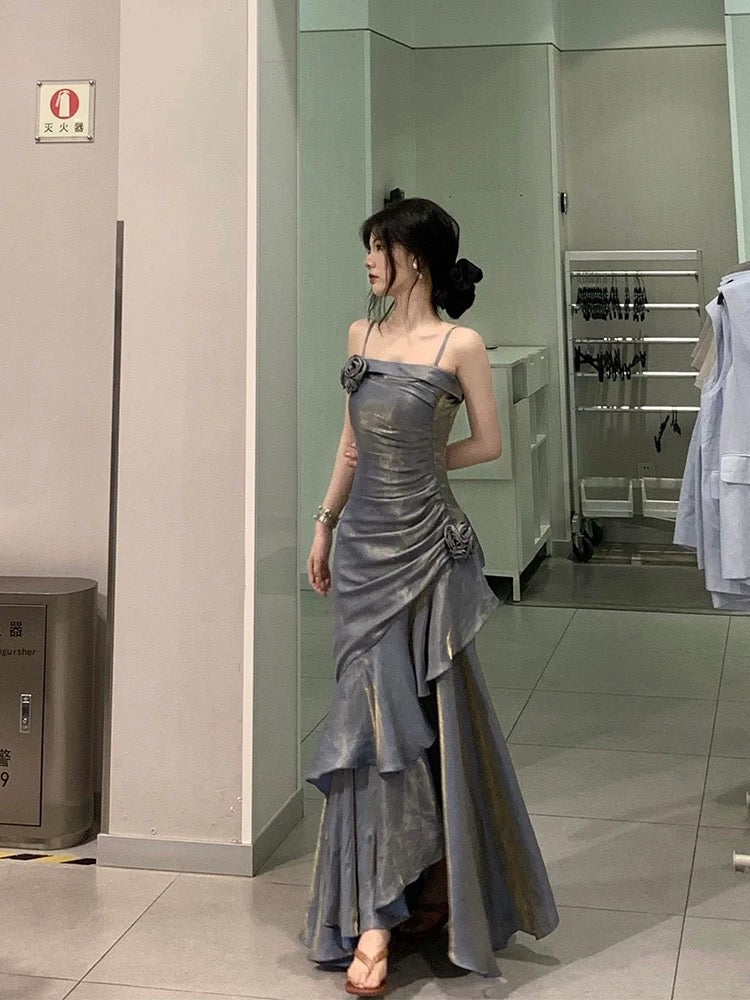 Retro Mermaid Spaghetti Straps Prom Dresses Gray Long Party Dress