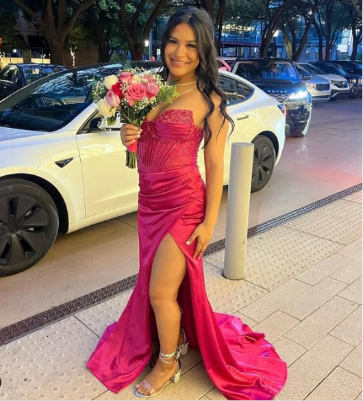 Pretty Mermaid Spaghetti Straps Hot Pink Long Satin Prom Dresses Formal Evening Dress