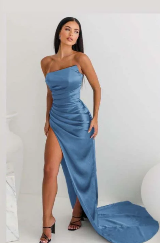 Vintage Sheath Strapless Neckline Slit Satin Long Party Dress Prom Dresses