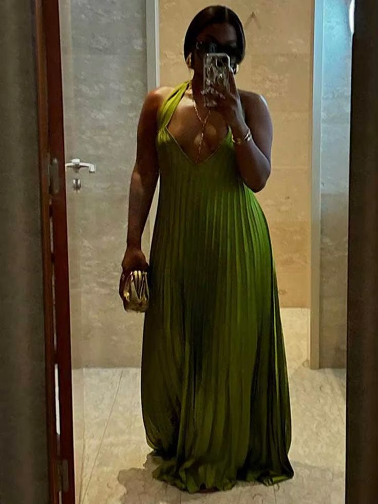 Unique Halter V Neck Pleated Floor Length Green Prom Dress,Party Evening Dress
