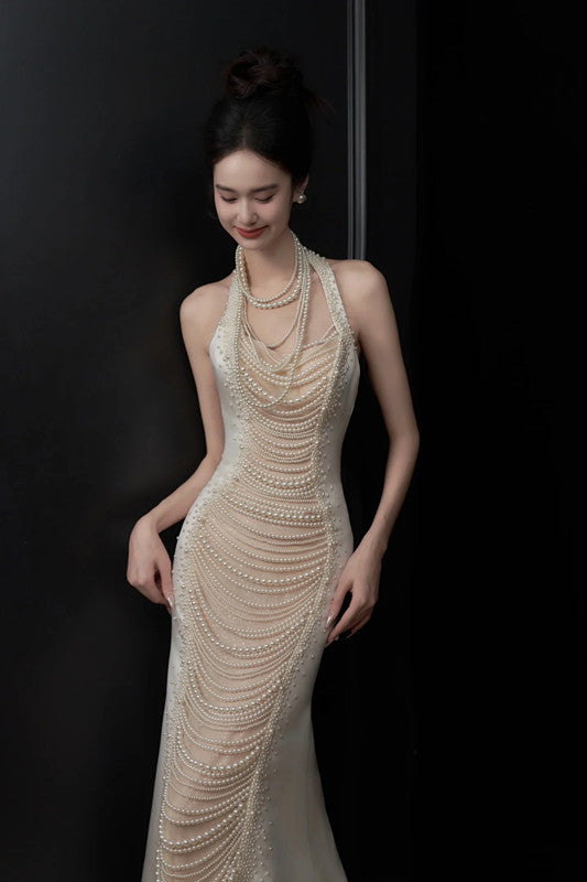 Fairytale Mermaid Halter Sleeveless Wedding Dresses Glittering Straps Pearls Wedding Dress