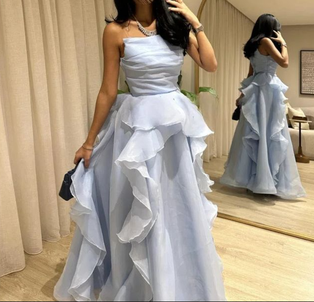 Classy Strapless Blue Organza Pleated Ruffles Long Party Dress Formal Wedding Guest Dress