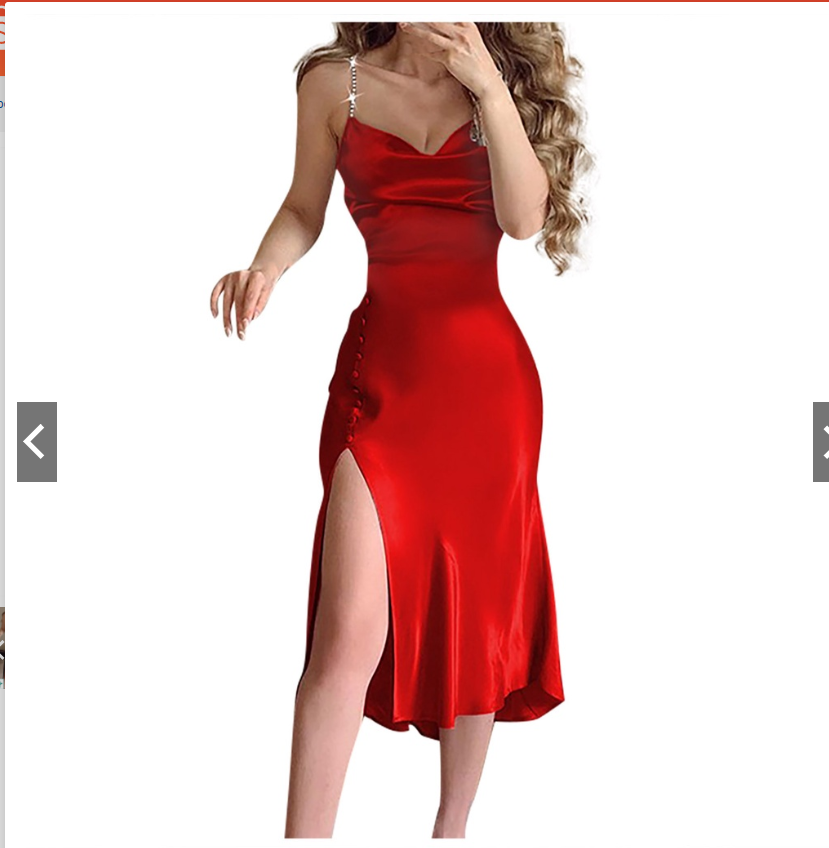 Studded Strap Buttoned Cowl Neck High Slit Satin Dress Party Dress