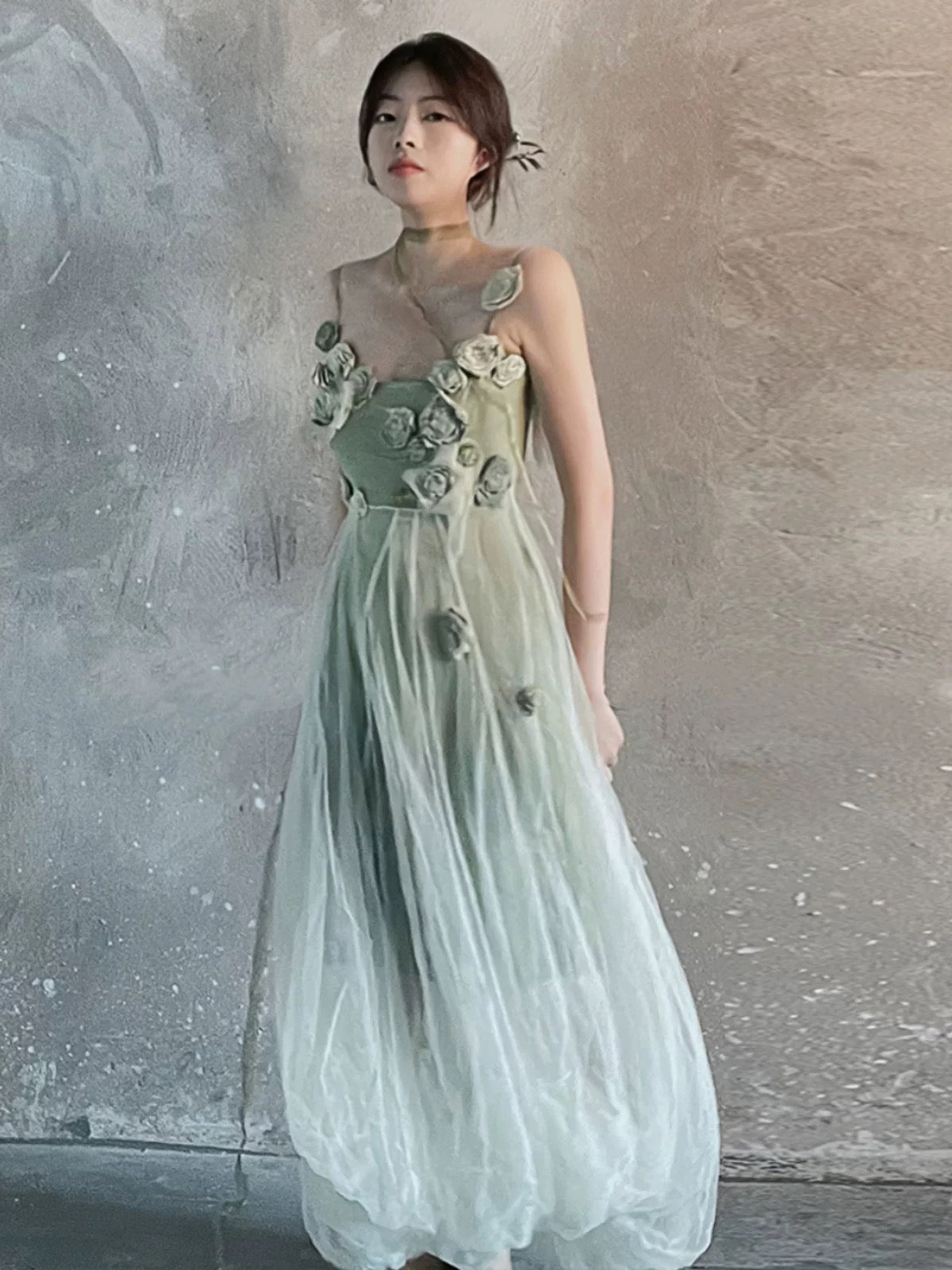 Modest A line Spaghetti Straps Floral Green Prom Dresses Birthday Dress For Women