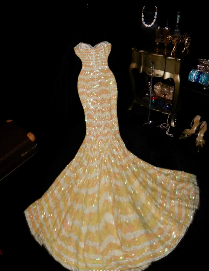 Unique Spaghetti Straps Yellow Sequin Mermaid Long Party Dress Evening Dress