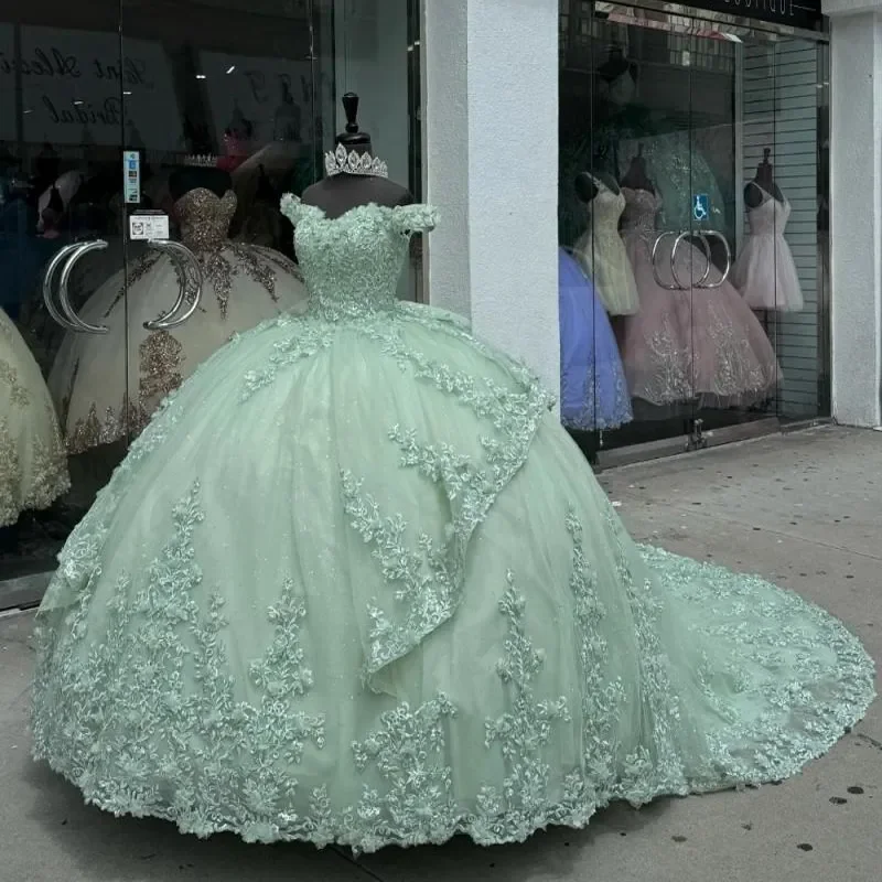 Charming Green Tulle Lace Appliques Ball Gown,off Shoulder Quinceanera Dress Party Birthday Dress