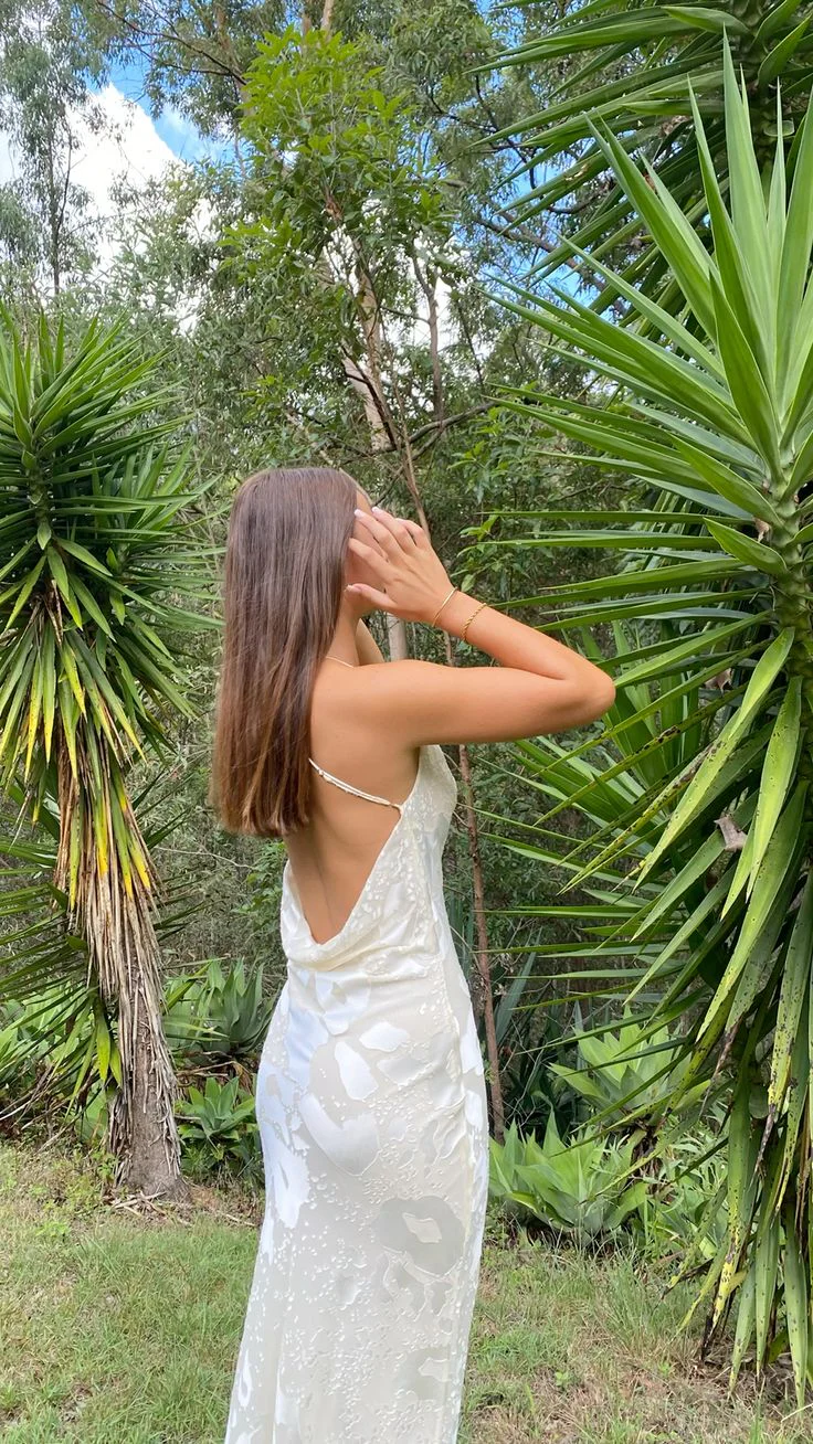 Sexy Backless White Satin Print Prom Dress Evening Dress