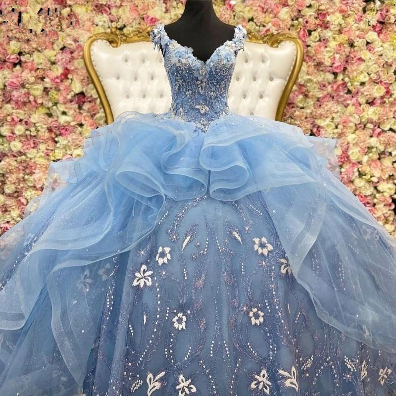 Off The Shoulder Blue Ball Gown Puffy Sweet 16 Dress